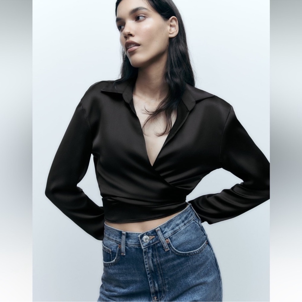 Zara Satin Effect Tied Top Black Size Small